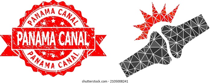 Low-Poly triangulated bone joint fracture icon illustration, and Panama Canal corroded stamp. Red stamp contains Panama Canal tag inside ribbon. Vector bone joint fracture icon filled with triangles.