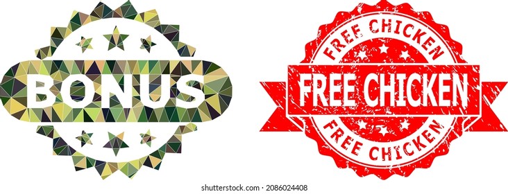 Low-Poly triangulated bonus tag military camouflage icon illustration, and Free Chicken scratched stamp seal. Red stamp seal includes Free Chicken tag inside ribbon.