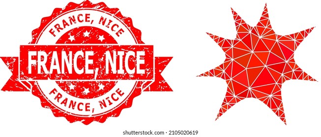 Low-Poly triangulated boom splash symbol illustration, and France, Nice scratched stamp. Red stamp seal contains France, Nice text inside ribbon. Vector boom splash icon filled using triangles.