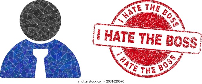 Lowpoly triangulated boss icon illustration, and I Hate the Boss rubber stamp seal. Red seal includes I Hate the Boss caption inside circle shape. Boss icon is filled using triangles.