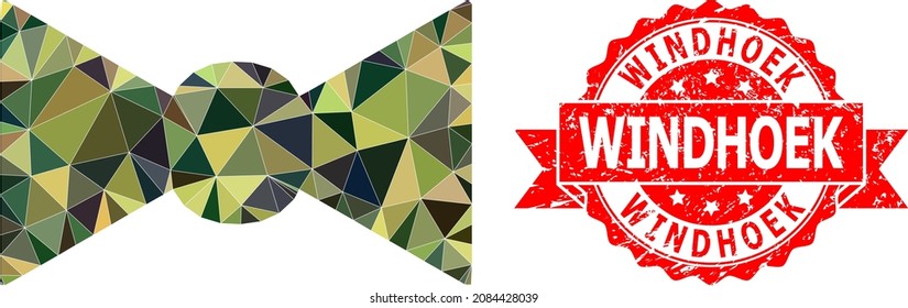 Low-Poly triangulated bow tie military camouflage symbol illustration, and Windhoek textured stamp seal. Red seal includes Windhoek tag inside ribbon.