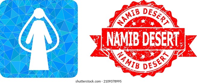 Low-Poly triangulated bride 2d illustration, and Namib Desert textured seal. Red stamp seal includes Namib Desert text inside ribbon. Vector bride icon filled using triangles.