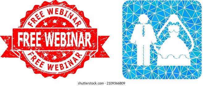 Lowpoly triangulated bride and groom 2d illustration, and Free Webinar rubber stamp seal. Red seal includes Free Webinar title inside ribbon. Vector bride and groom icon is filled using triangles.