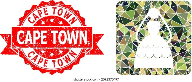 Low-Poly triangulated bride military camouflage icon illustration, and Cape Town textured stamp seal. Red seal includes Cape Town title inside ribbon.