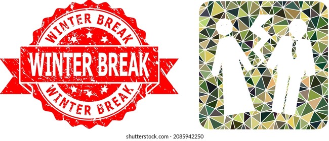 Low-Poly triangulated broken wedding military camouflage 2d illustration, and Winter Break grunge seal print. Red seal contains Winter Break title inside ribbon.