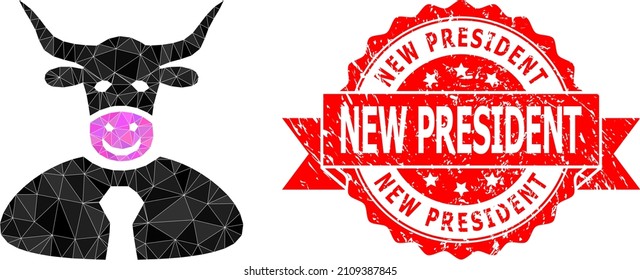 Low-Poly triangulated bull boss symbol illustration, and New President rubber stamp seal. Red stamp seal contains New President title inside ribbon. Vector bull boss icon is filled using triangles.