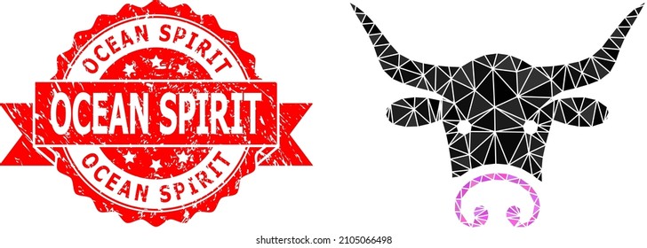 Low-Poly triangulated bull head icon illustration, and Ocean Spirit corroded stamp. Red stamp contains Ocean Spirit title inside ribbon. Vector bull head icon filled using triangles.