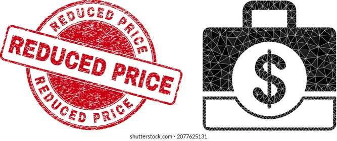 Low-Poly triangulated business case 2d illustration with Reduced Price scratched seal print. Red seal includes Reduced Price text inside round shape. Business case icon is filled using triangles.