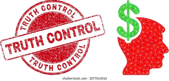 Low-Poly triangulated business thinking 2d illustration with Truth Control unclean seal. Red seal includes Truth Control title inside circle form.