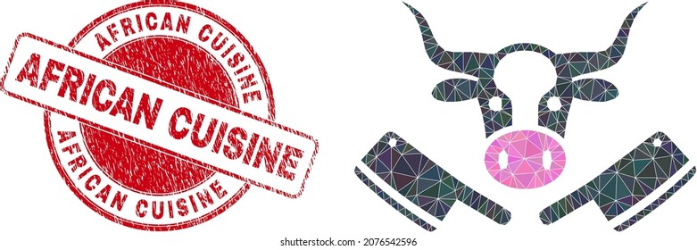 Low-Poly triangulated butchery blade tools icon illustration with African Cuisine scratched watermark. Red stamp includes African Cuisine tag inside circle shape.