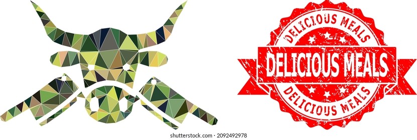 Low-Poly triangulated butchery military camouflage icon illustration, and Delicious Meals dirty stamp. Red seal has Delicious Meals title inside ribbon.