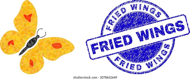 Low-Poly triangulated butterfly icon illustration, and Fried Wings corroded stamp seal. Blue seal has Fried Wings text inside round shape. Butterfly icon is filled using triangle mosaic.