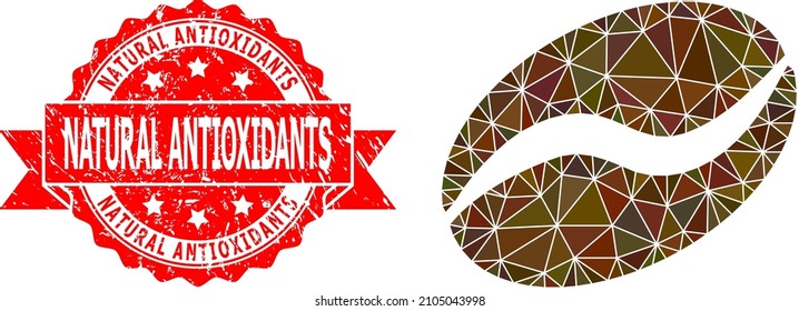 Low-Poly triangulated cacao bean icon illustration, and Natural Antioxidants textured seal. Red stamp seal has Natural Antioxidants caption inside ribbon. Vector cacao bean icon filled with triangles.