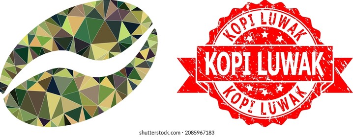 Lowpoly triangulated cacao bean military camouflage icon illustration, and Kopi Luwak dirty stamp. Red stamp seal has Kopi Luwak caption inside ribbon.