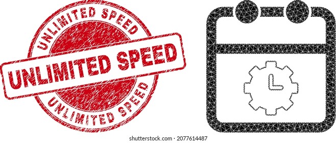Low-Poly triangulated calendar time options symbol illustration, and Unlimited Speed unclean seal print. Red seal contains Unlimited Speed tag inside circle shape.