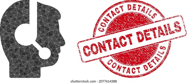Lowpoly triangulated call center operator icon illustration with CONTACT DETAILS textured seal imitation. Red seal contains Contact Details text inside round form.
