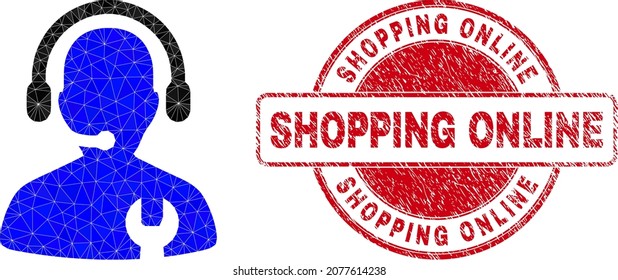 Low-Poly triangulated call center serviceman icon illustration with Shopping Online corroded watermark. Red stamp includes Shopping Online title inside circle it.