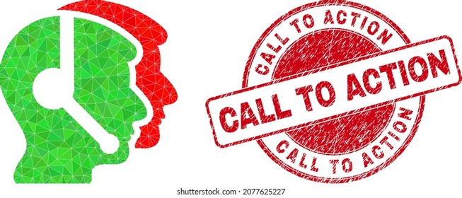 Low-Poly triangulated call service operators icon illustration, and CALL TO ACTION dirty watermark. Red stamp seal contains Call to Action tag inside round shape.