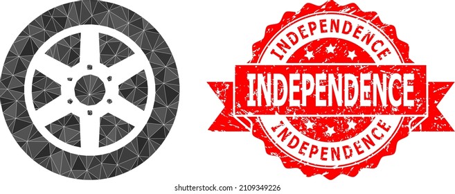 Low-Poly triangulated car wheel icon illustration, and Independence grunge seal print. Red seal includes Independence caption inside ribbon. Vector car wheel icon is filled using triangle mosaic.