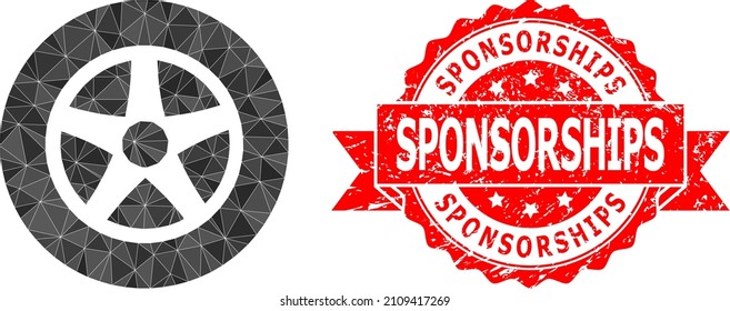 Low-Poly triangulated car wheel symbol illustration, and Sponsorships scratched stamp seal. Red stamp includes Sponsorships title inside ribbon. Vector car wheel icon filled using triangles.