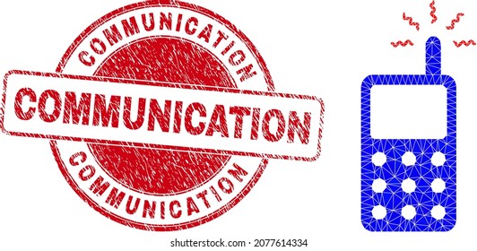 Low-Poly triangulated cell phone 2d illustration with Communication scratched stamp seal. Red seal includes Communication caption inside circle form. Cell phone icon filled with triangles.