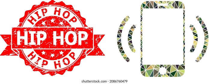 Low-Poly triangulated cellphone vibration military camouflage icon illustration, and Hip Hop rubber watermark. Red stamp seal has Hip Hop text inside ribbon.