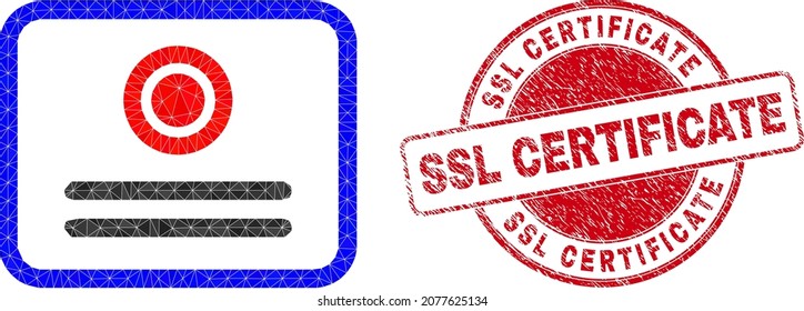 Lowpoly triangulated certificate 2d illustration with SSL Certificate dirty watermark. Red stamp seal has SSL Certificate title inside circle it. Certificate icon is filled with triangles.