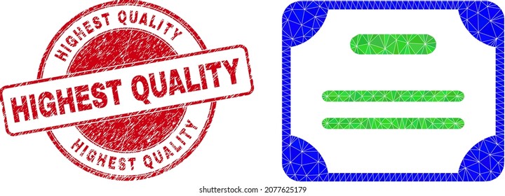 Low-Poly triangulated certificate diploma icon illustration with Highest Quality scratched stamp seal. Red seal contains Highest Quality tag inside round form.