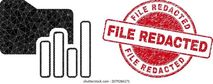 Lowpoly triangulated charts folder 2d illustration with File Redacted unclean seal. Red stamp seal has File Redacted tag inside round it. Charts folder icon filled with triangles.