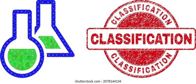 Low-Poly Triangulated Chemical Glassware Icon Illustration With Classification Textured Seal. Red Seal Includes Classification Caption Inside Round Shape.