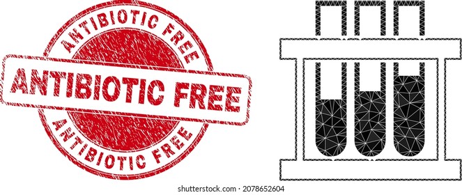 Low-Poly triangulated chemical test tubes icon illustration with ANTIBIOTIC FREE unclean stamp seal. Red stamp seal includes Antibiotic Free tag inside circle it.