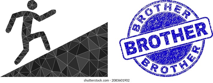 Ilustración del icono de triangulado de bajo polo y sello de borrón BROTHER. La marca azul incluye el texto Brother dentro de la forma de círculo. El icono de recorte se rellena con mosaico triangular.