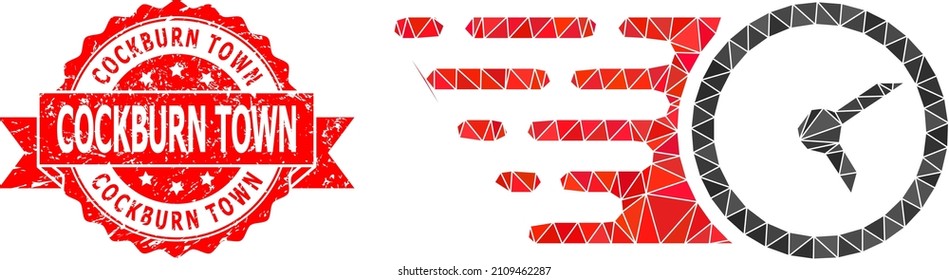 Low-Poly triangulated clock icon illustration, and Cockburn Town dirty seal print. Red stamp seal contains Cockburn Town tag inside ribbon. Vector clock icon is filled with triangle mosaic.