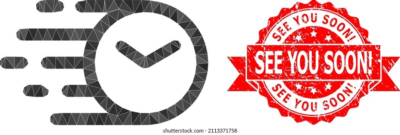 Lowpoly triangulated clock icon illustration, and See You Soon corroded seal print. Red seal includes See You Soon caption inside ribbon. Vector clock icon is filled using triangles.