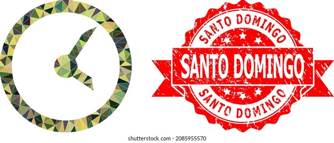 Low-Poly triangulated clock military camouflage 2d illustration, and Santo Domingo dirty seal. Red seal has Santo Domingo text inside ribbon. Vector clock icon is filled with camo triangles.