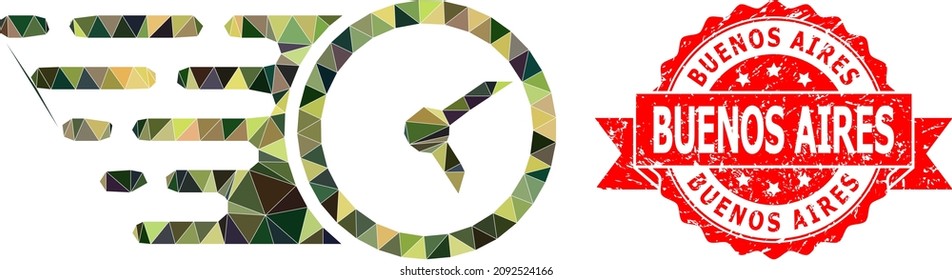 Low-Poly triangulated clock military camouflage 2d illustration, and Buenos Aires rubber stamp seal. Red stamp has Buenos Aires tag inside ribbon.