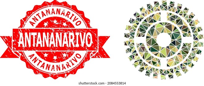 Lowpoly triangulated clock wheel military camouflage 2d illustration, and Antananarivo dirty seal print. Red seal contains Antananarivo tag inside ribbon.