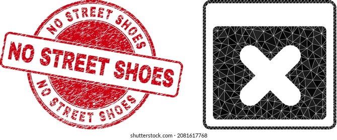 Low-Poly triangulated close application window icon illustration, and No Street Shoes textured seal print. Red stamp seal contains No Street Shoes text inside round form.