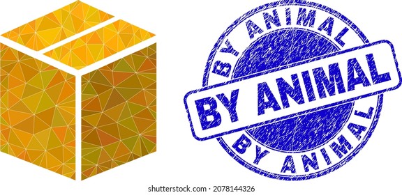 Low-Poly triangulated closed carton box icon illustration, and BY ANIMAL scratched stamp. Blue stamp has By Animal tag inside circle shape. Closed carton box icon is filled using triangles.