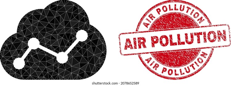 Low-Poly triangulated cloud chart icon illustration with AIR POLLUTION corroded stamp seal. Red seal has Air Pollution tag inside round form. Cloud chart icon filled with triangle mosaic.