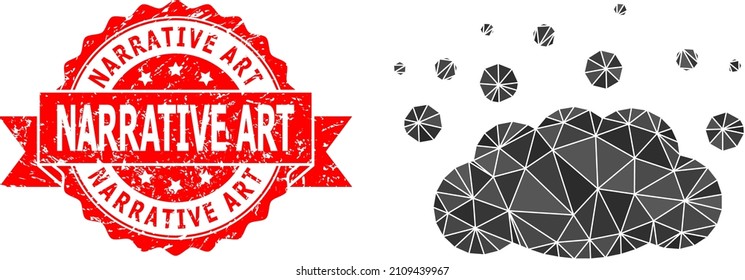 Low-Poly triangulated cloud emission 2d illustration, and Narrative Art unclean stamp seal. Red stamp seal includes Narrative Art text inside ribbon.