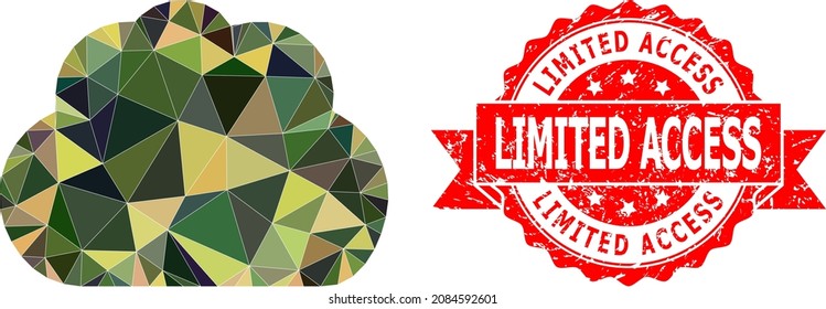 Low-Poly triangulated cloud military camouflage icon illustration, and Limited Access textured watermark. Red stamp contains Limited Access title inside ribbon.