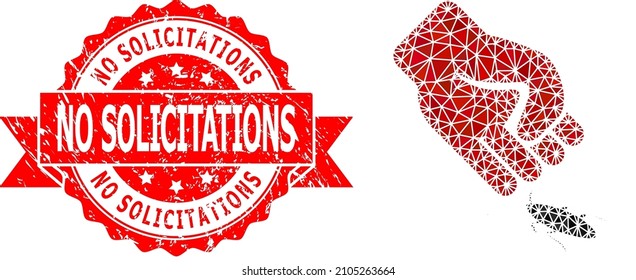 Lowpoly triangulated cockroach punch icon illustration, and No Solicitations unclean stamp seal. Red stamp seal has No Solicitations caption inside ribbon.