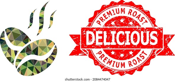 Lowpoly triangulated coffee beans aroma military camouflage icon illustration, and Premium Roast Delicious rubber stamp seal. Red seal contains Premium Roast Delicious tag inside ribbon.