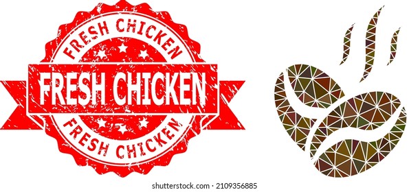 Low-Poly triangulated coffee beans aroma icon illustration, and Fresh Chicken dirty watermark. Red seal includes Fresh Chicken caption inside ribbon.
