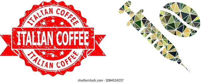 Low-Poly triangulated coffein syringe military camouflage icon illustration, and Italian Coffee grunge seal print. Red stamp contains Italian Coffee caption inside ribbon.