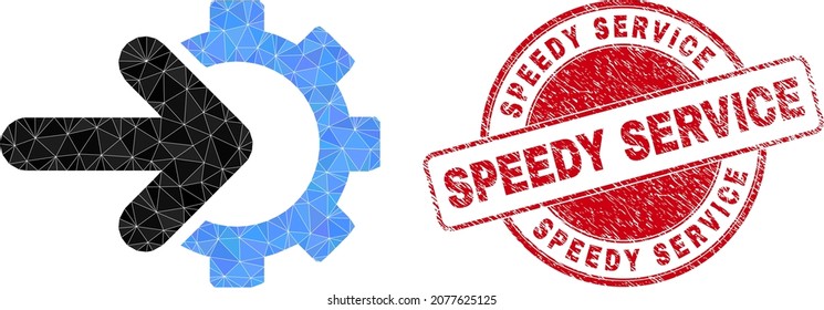 Integración de flecha de cog triangulada de bajo polo, ilustración 2d con sello corroído por el servicio rápido. El sello rojo tiene el título Servicio rápido dentro de la forma redonda.