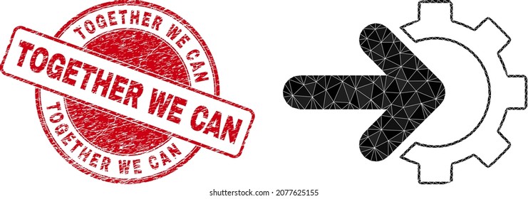 Low-Poly triangulated cog arrow integration icon illustration, and TOGETHER WE CAN grunge stamp seal. Red stamp seal has Together We Can text inside circle it.