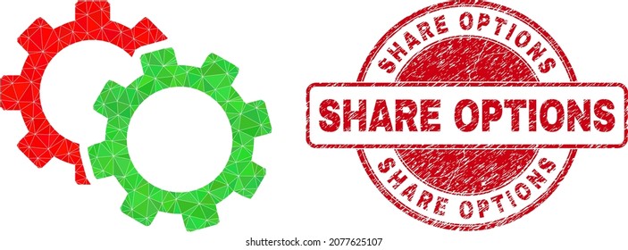 Low-Poly triangulated cogs symbol illustration with SHARE OPTIONS dirty seal print. Red stamp seal includes Share Options caption inside circle form. Cogs icon is filled using triangle mosaic.