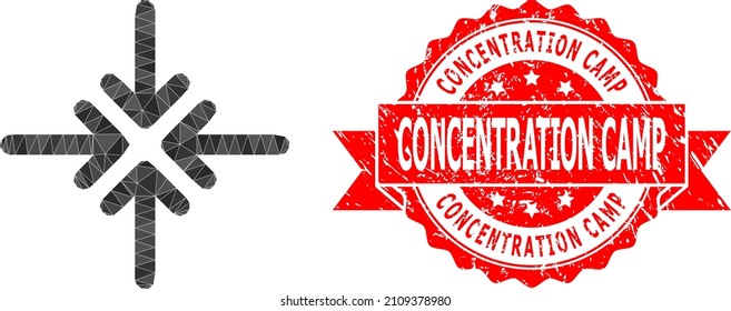 Low-Poly triangulated collapse arrows 2d illustration, and Concentration Camp unclean stamp. Red stamp seal contains Concentration Camp caption inside ribbon.